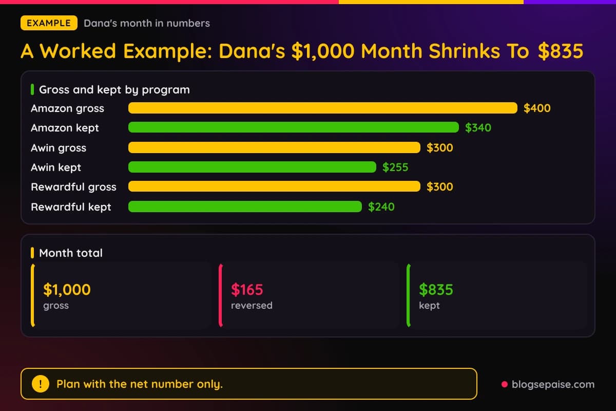 Bar chart comparing gross and net commission for Amazon, Awin, and Rewardful in Dana's month, with totals of $1,000, $165 reversed, and $835 kept