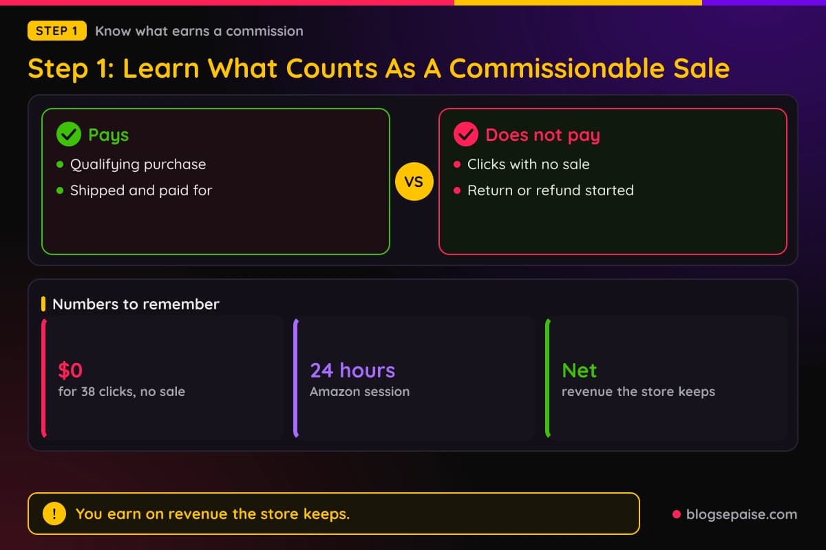 Comparison of what gets paid, a completed qualifying purchase, versus what does not, clicks alone and orders with a return started