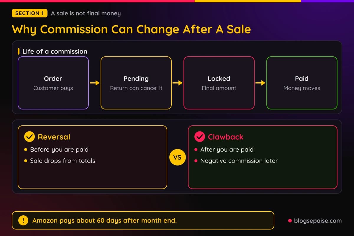 Flow showing a sale moving from order to pending, then locked, then paid, with Amazon's payment about 60 days after the end of the month