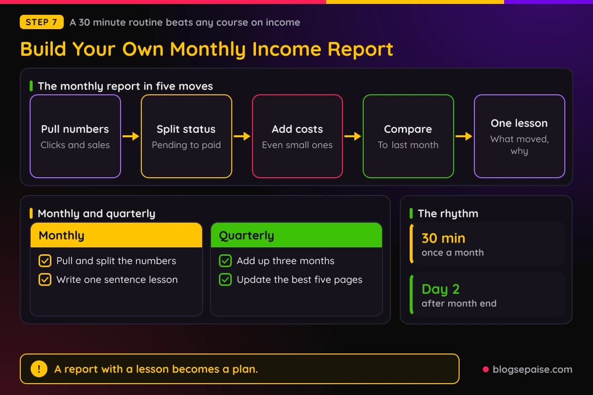 Checklist and cadence diagram of a monthly income report routine with pull numbers, split by status, add costs, compare to last month and write one lesson