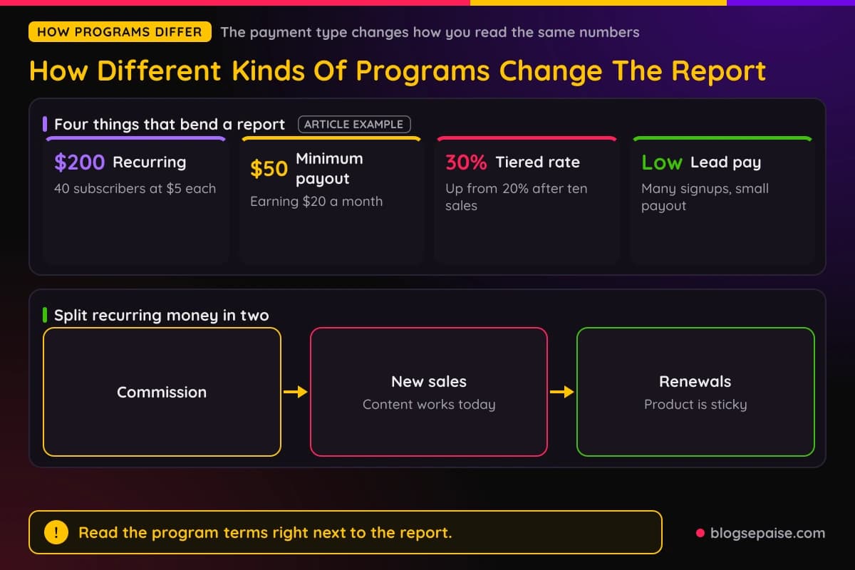 Cards and flow showing how recurring commissions, minimum payouts and tiered rates change an affiliate income report, using made up numbers