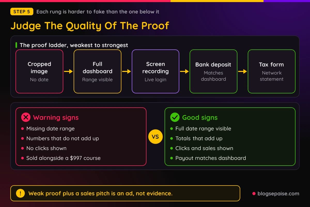 Ladder diagram of five levels of income proof from a cropped screenshot to a tax form, with warning signs of an edited report beside it