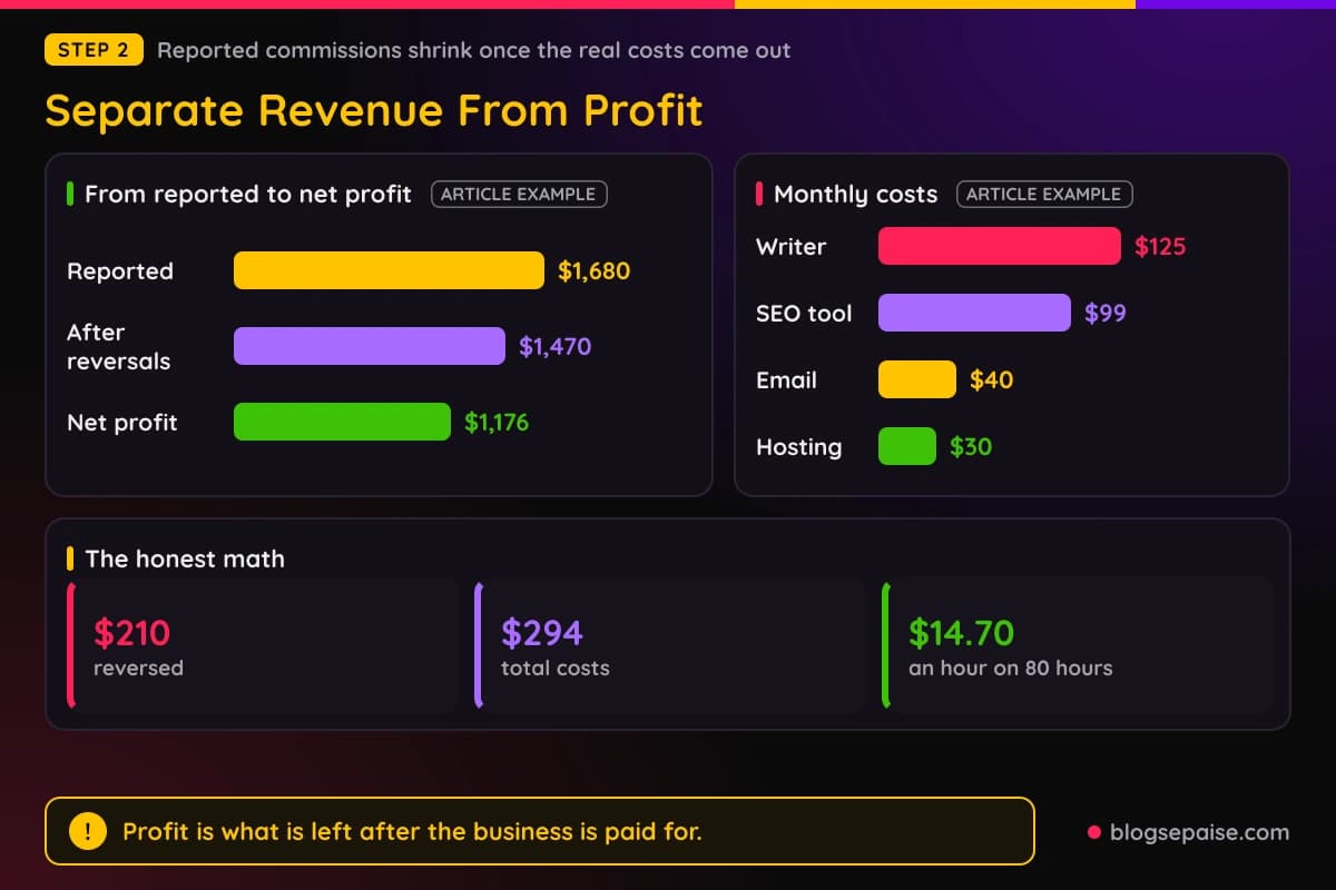 Bar chart showing a made up sample month where $1,680 in reported commissions shrinks to $1,176 in net profit after $210 in reversals and $294 in costs
