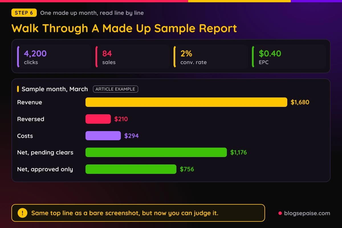 Made up sample affiliate income report for one month, showing clicks, sales, revenue, status split, costs and net profit as charts, labeled article example