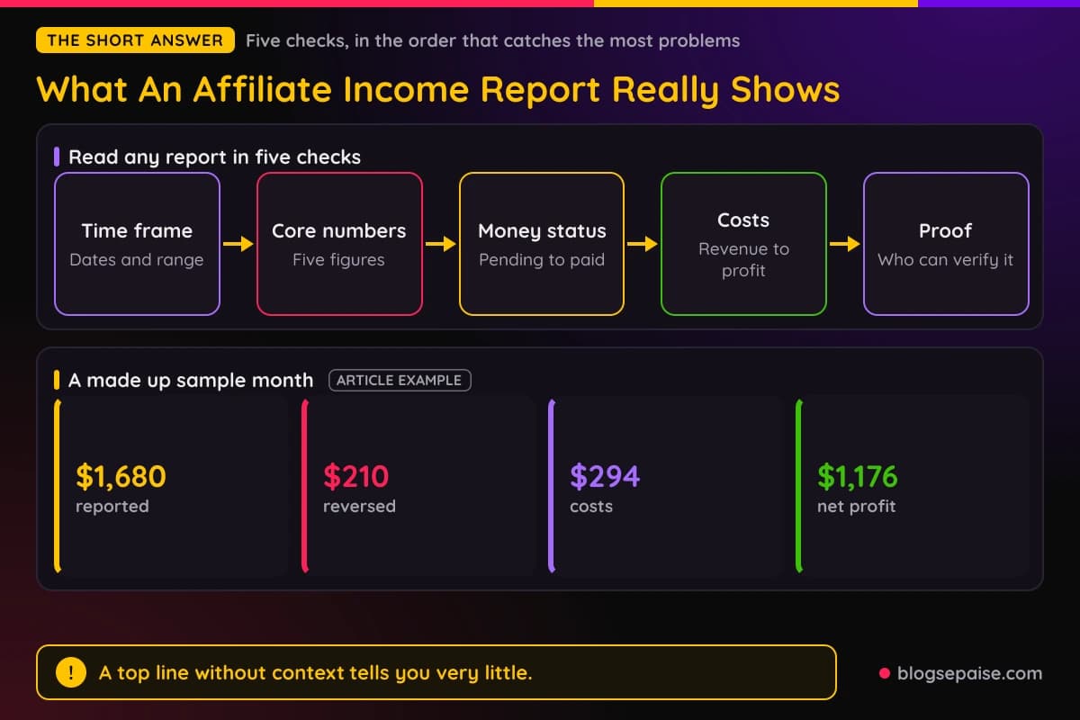 Flow chart of the five checks for reading an affiliate income report: time frame, core numbers, money status, costs and proof, with a made up sample month shown as an article example