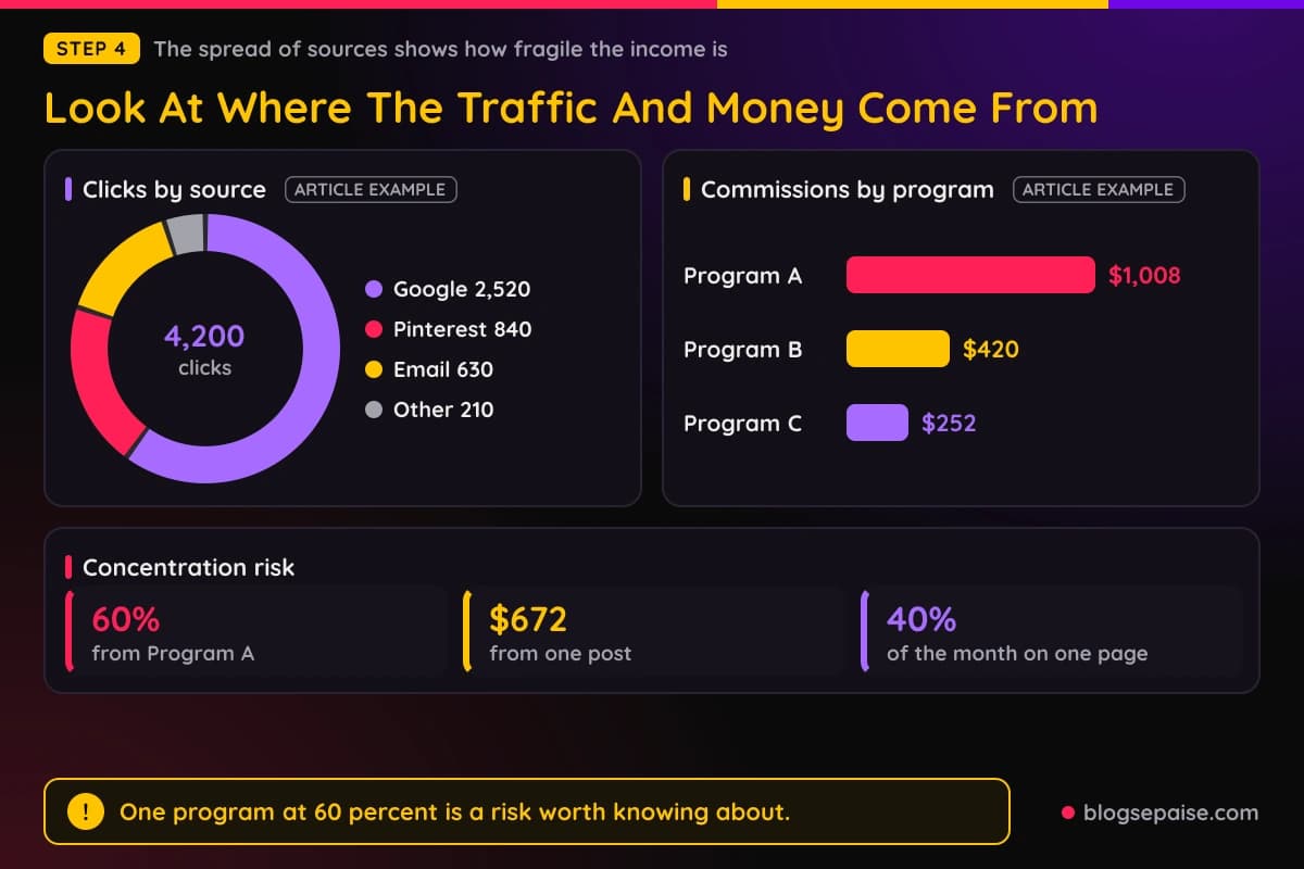 Donut chart of made up sample clicks by source and bar chart of commissions by affiliate program, with the largest program earning 60 percent