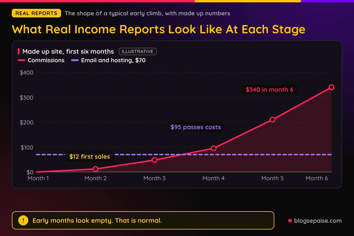 Line chart of a made up six month affiliate income climb from $0 to $340 with notes for the first sale, first $100 and the first month that covers costs, labeled illustrative