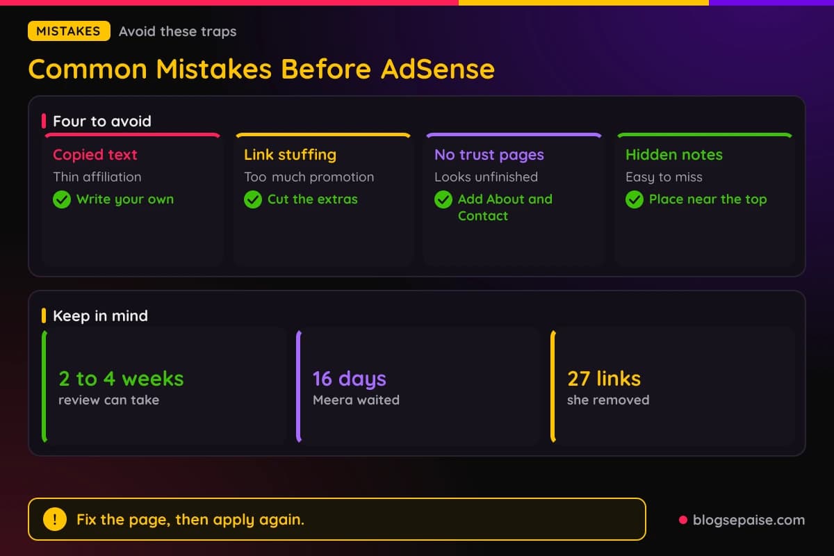 Cards of four common mistakes with affiliate links before AdSense and their fixes, plus stats on safe habits
