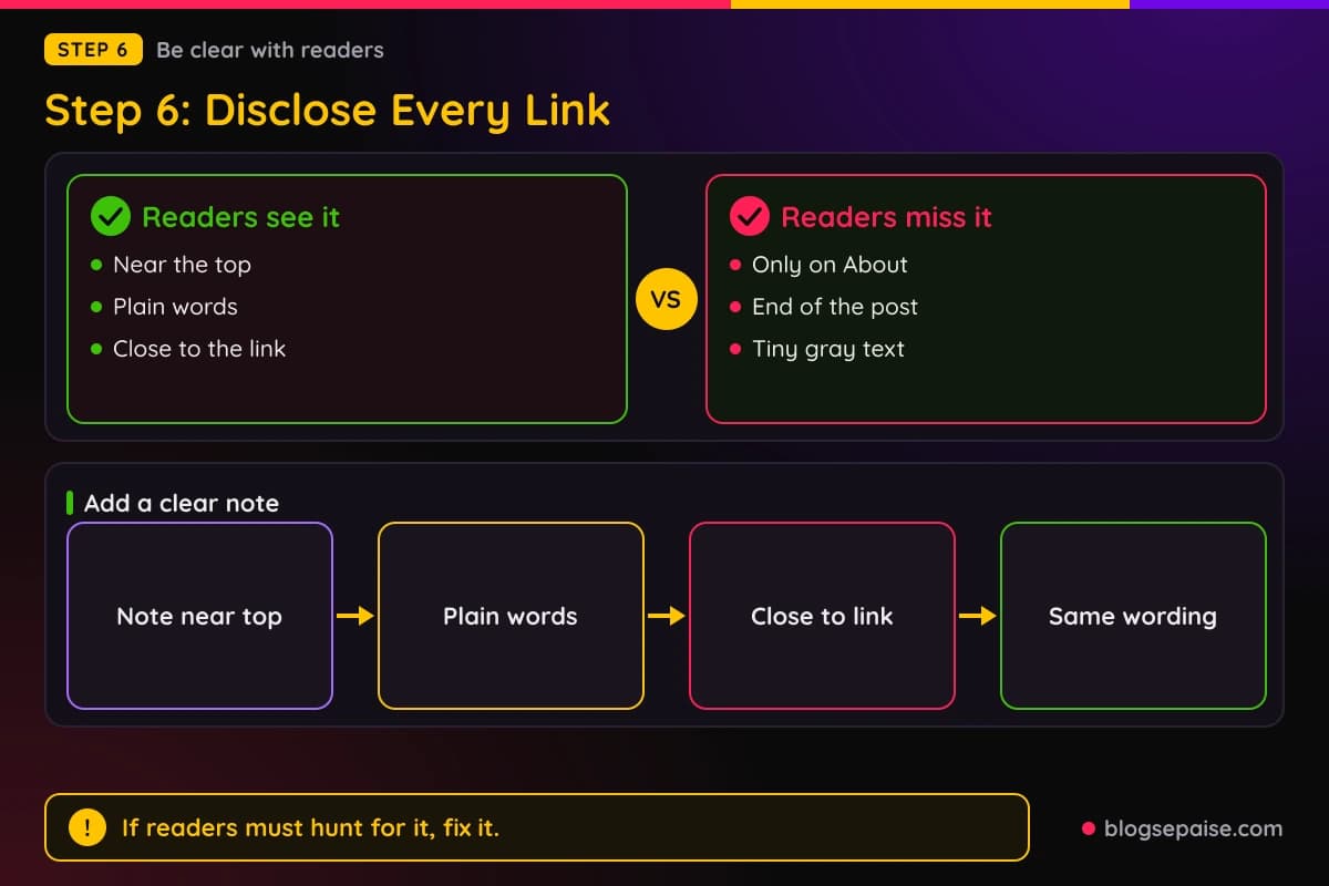 Compare panel of a disclosure readers can see versus one they miss, with a flow of four steps to add a clear note