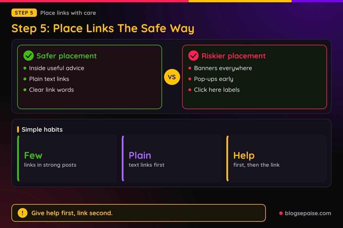 Compare panel of safe link placement versus risky placement, with stats on simple link habits