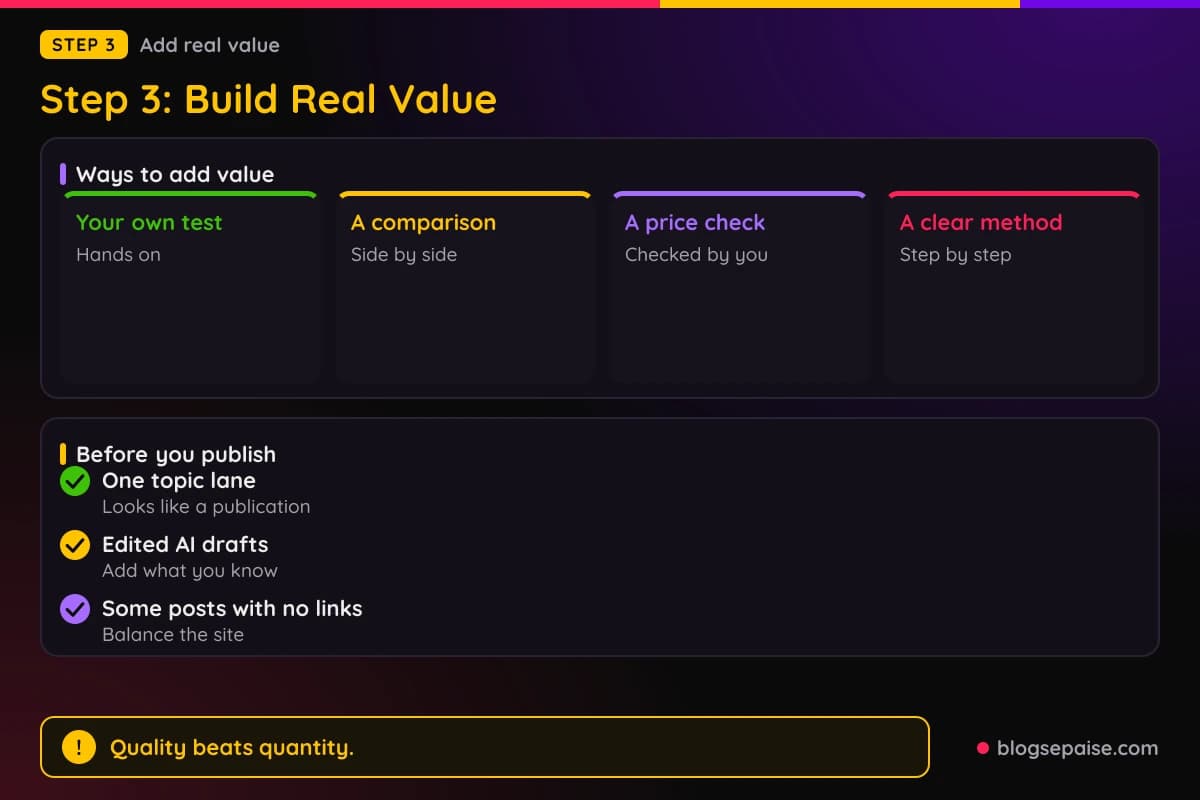 Cards showing four ways to add original value to a post, with a checklist to run before you publish