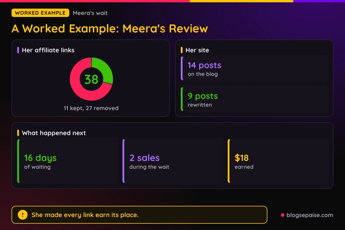 Donut of Meera's 38 affiliate links, 11 kept and 27 removed, with stats on her 14 posts, 16 day wait, 2 sales, and $18 earned