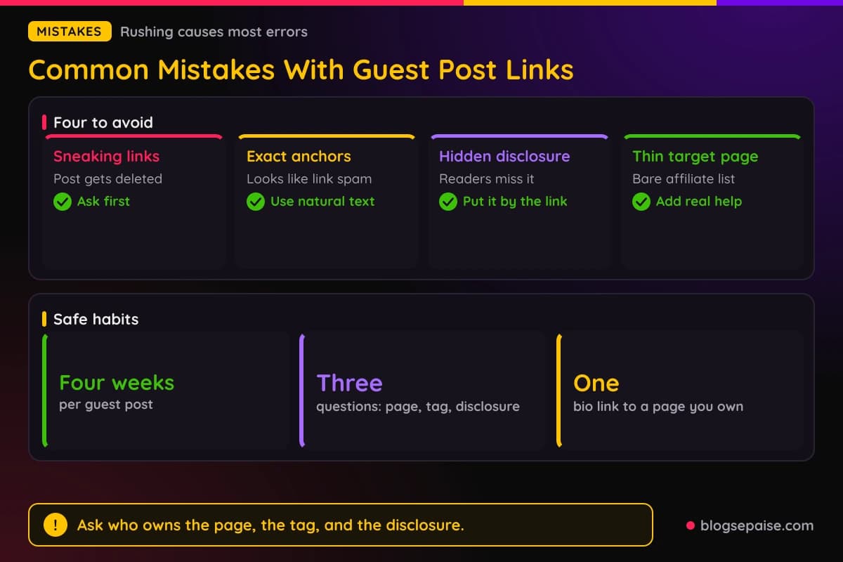 Cards of four common guest post mistakes with the fix for each, plus a stats panel of safe habits for links