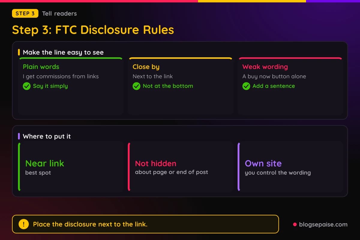 Cards of FTC disclosure points about plain wording, placement near the link, and weak wording, with a stats panel on where to put the line