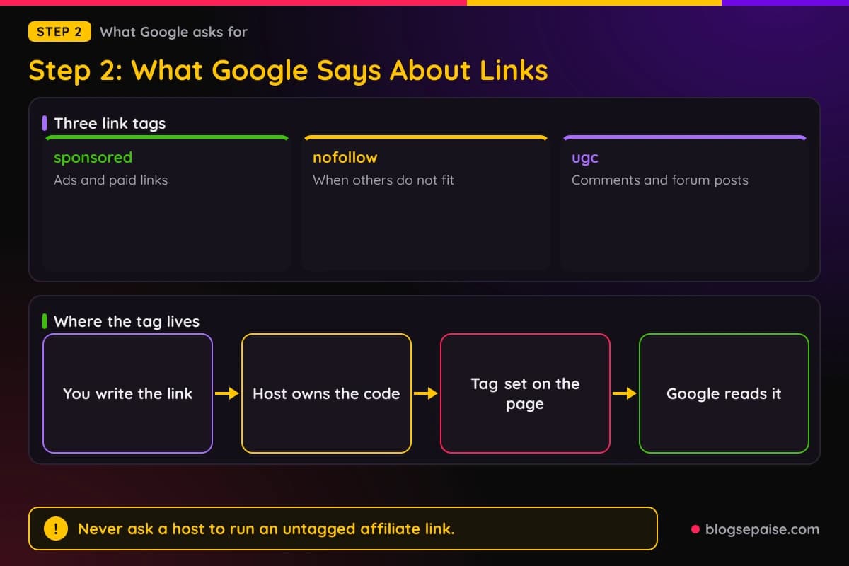 Cards for the sponsored, nofollow, and ugc link tags, with a flow showing that the host owns the code where the tag lives