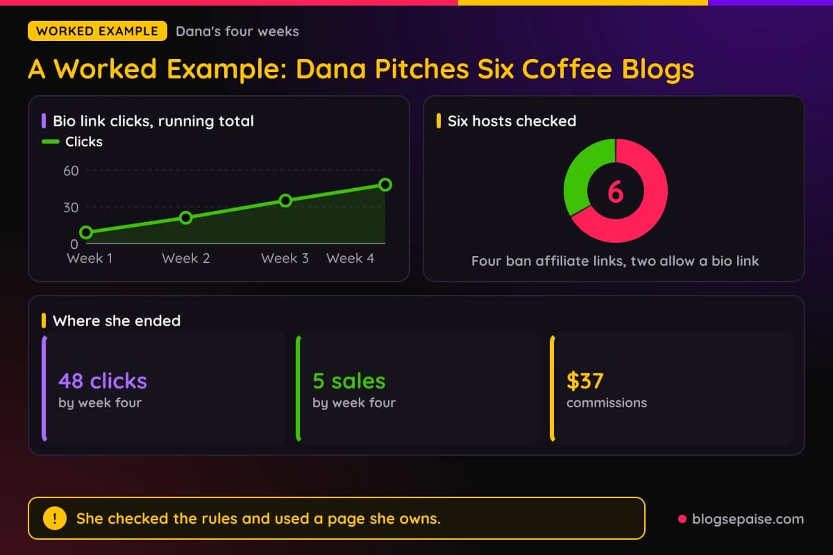 Line chart of Dana's bio link clicks over four weeks, a donut of the six hosts she checked, and stats on her sales and commissions
