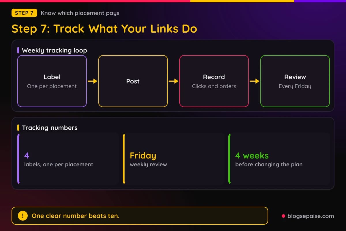 Flow diagram of a tracking loop from labeling each placement to recording and reviewing results, with stats on four labels, Friday reviews, and four weeks of data
