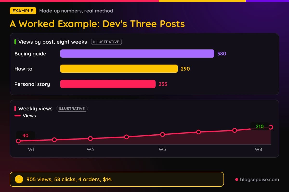 Bar chart of views for three invented posts on a free Blogger blog with a line of weekly views over eight weeks