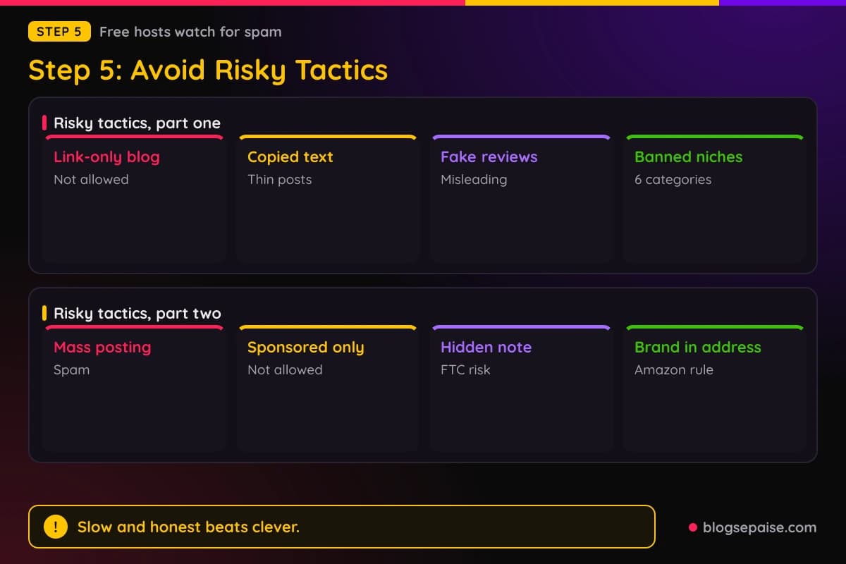 Cards showing eight risky tactics on a free blog, from link-only blogs to brand names in the blog address