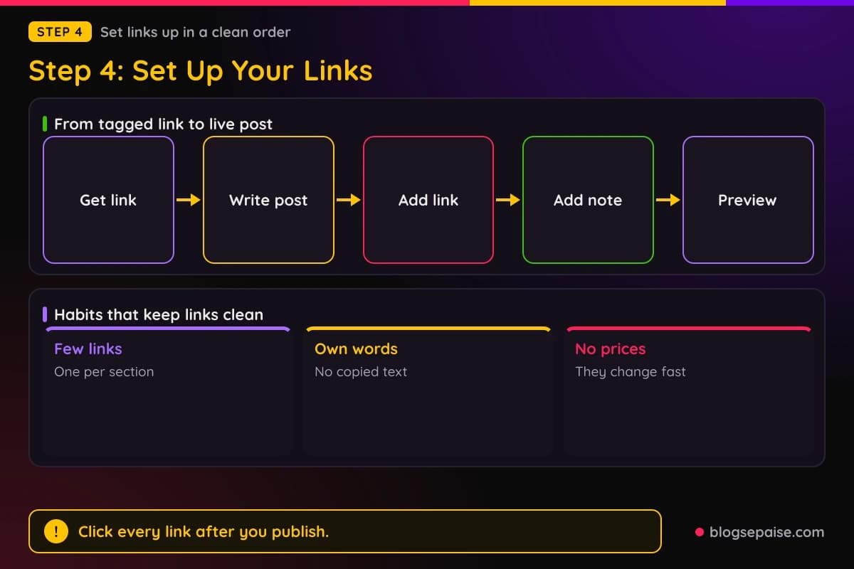 Flow of five steps for adding an affiliate link to a free blog post, from getting the tagged link to previewing it