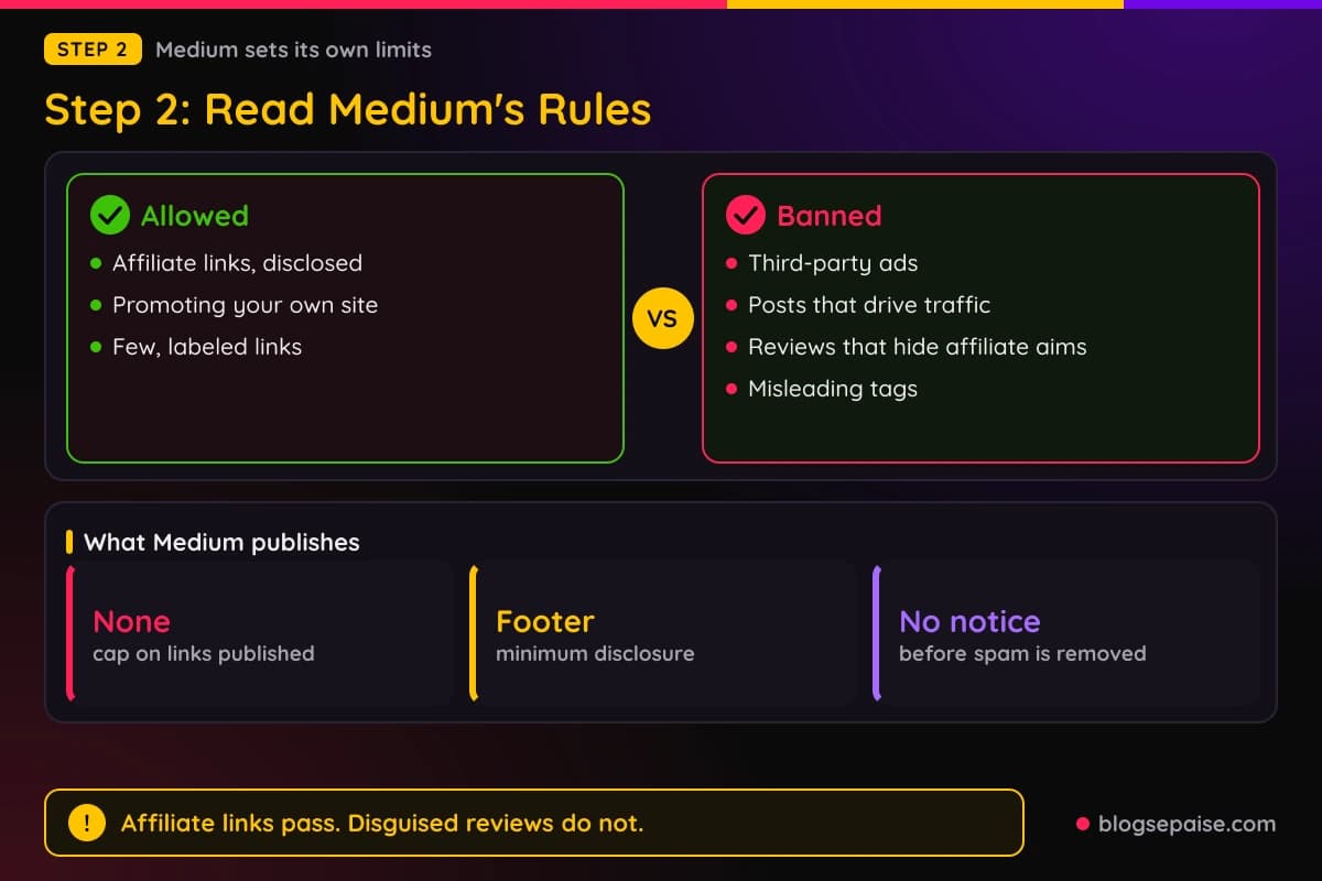 Comparison of what Medium's Rules allow and what they ban for affiliate writers, with what Medium publishes about caps, footer disclosure, and spam removal