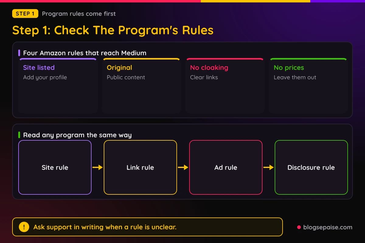 Cards showing four Amazon Associates rules that reach Medium stories, with a flow for reading any program's terms before placing a link