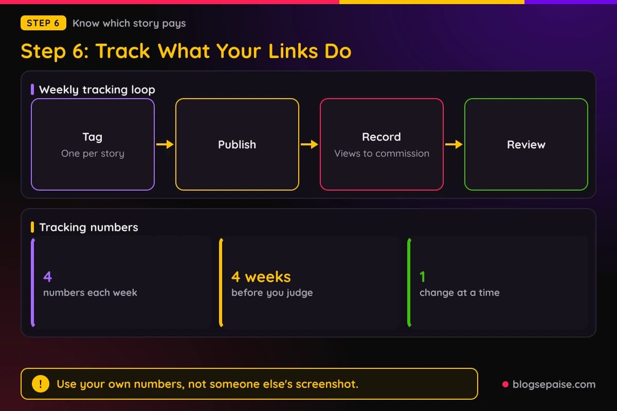Weekly tracking loop for Medium affiliate links with the four numbers to record
