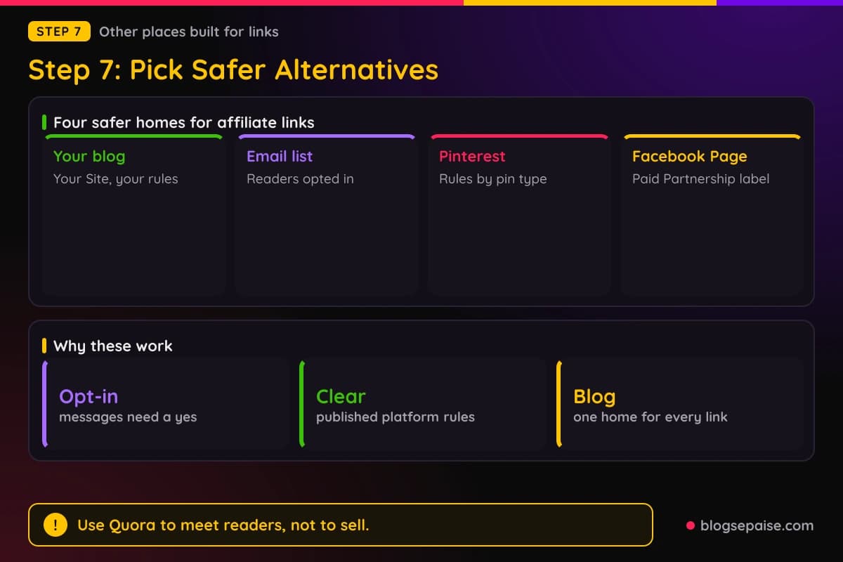 Cards showing four safer homes for affiliate links, your blog, an email list, Pinterest, and a Facebook Page, with stats on opt-in messages and clear platform rules