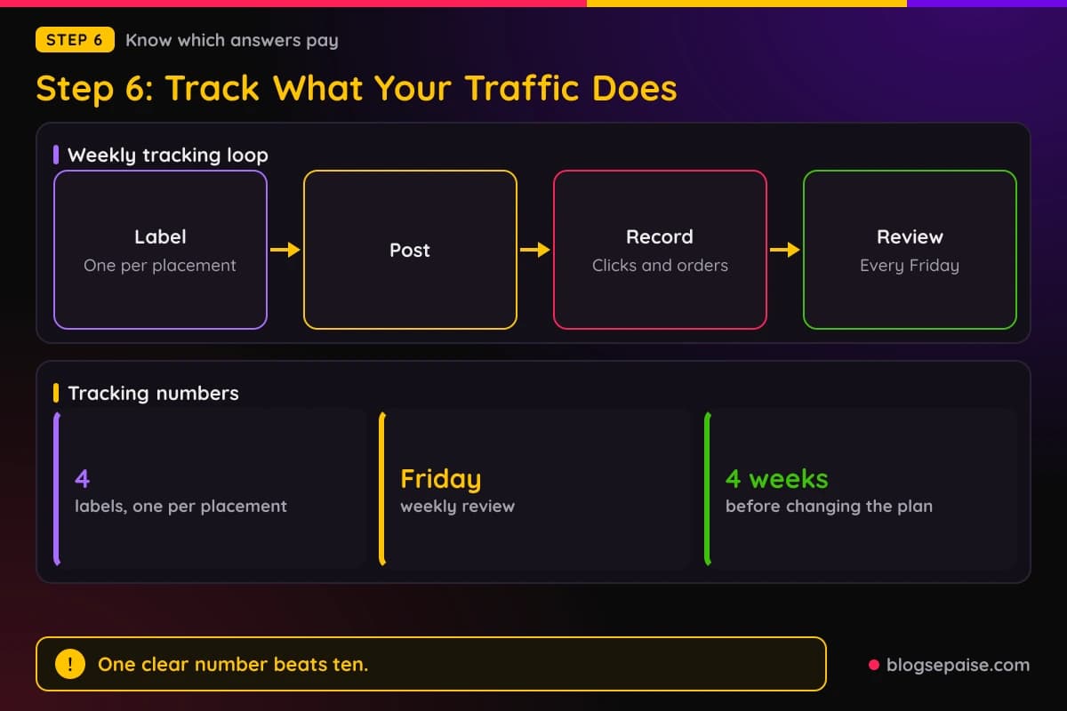 Flow diagram of a tracking loop from labeling each placement to recording and reviewing results, with stats on four labels, Friday reviews, and four weeks of data