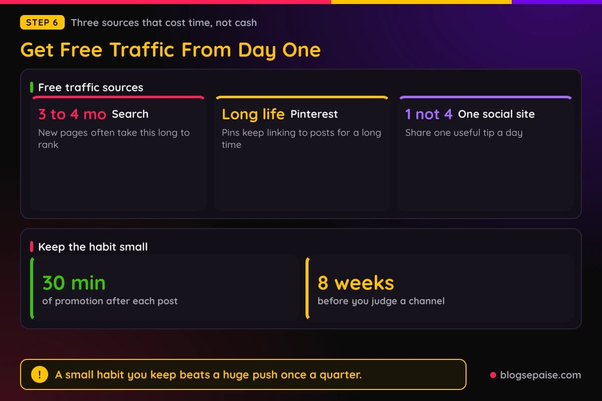 Weekly time plan for three free traffic sources on a new affiliate site