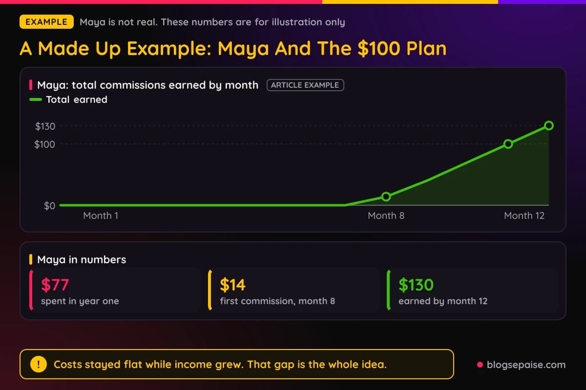Made up example of cumulative commissions for Maya over twelve months of the $100 plan