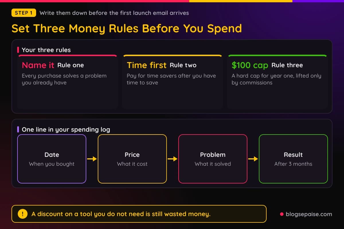 Three money rules for a tight affiliate budget shown next to the $100 spending cap