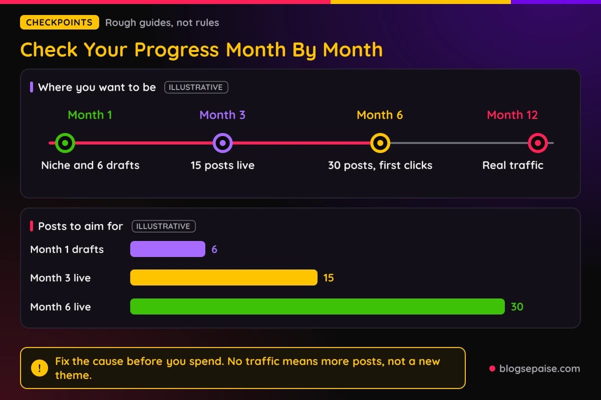 Month by month checkpoints for a tight budget affiliate site from month 1 to month 12