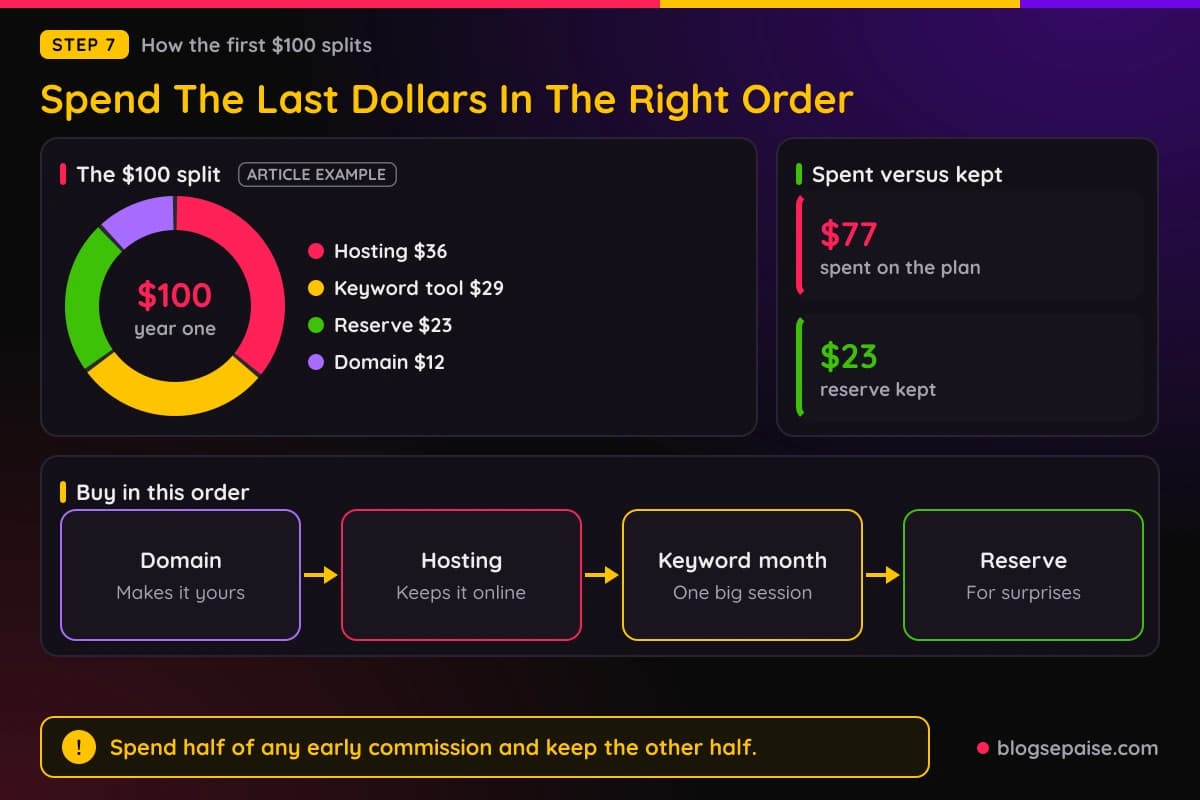 How the $100 budget splits across domain, hosting, keyword tool and reserve