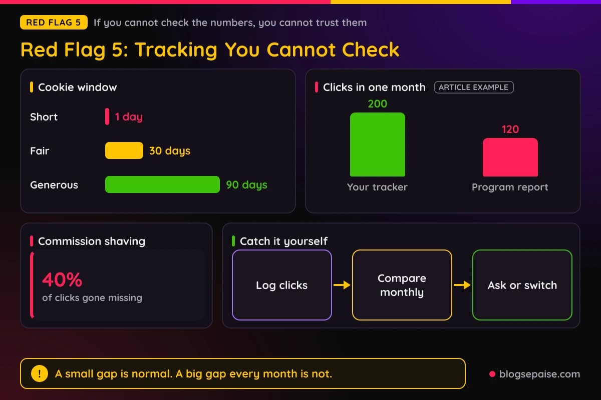 Cookie window lengths compared and 200 tracked clicks versus 120 reported clicks