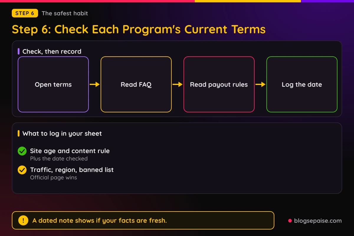 Flow diagram showing how to check a program's current terms and record them in a sheet