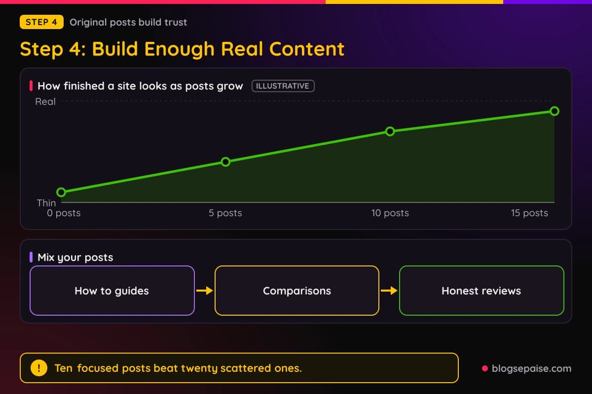 Illustrative chart showing how the look of a site improves as the number of original posts grows