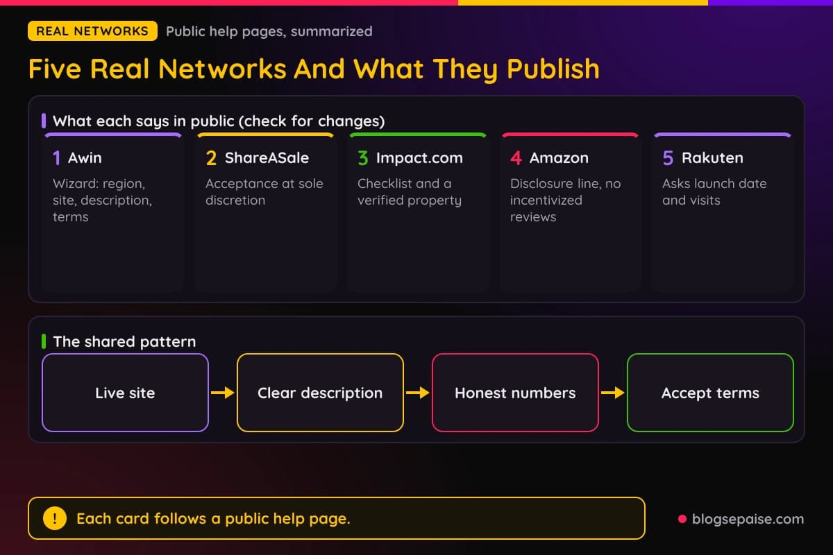 Chart summarizing what five real networks say publicly about applying, with no minimum numbers invented