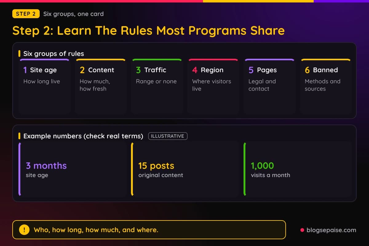 Chart of six groups of rules most affiliate programs share, with illustrative example numbers for site age, content volume, and traffic