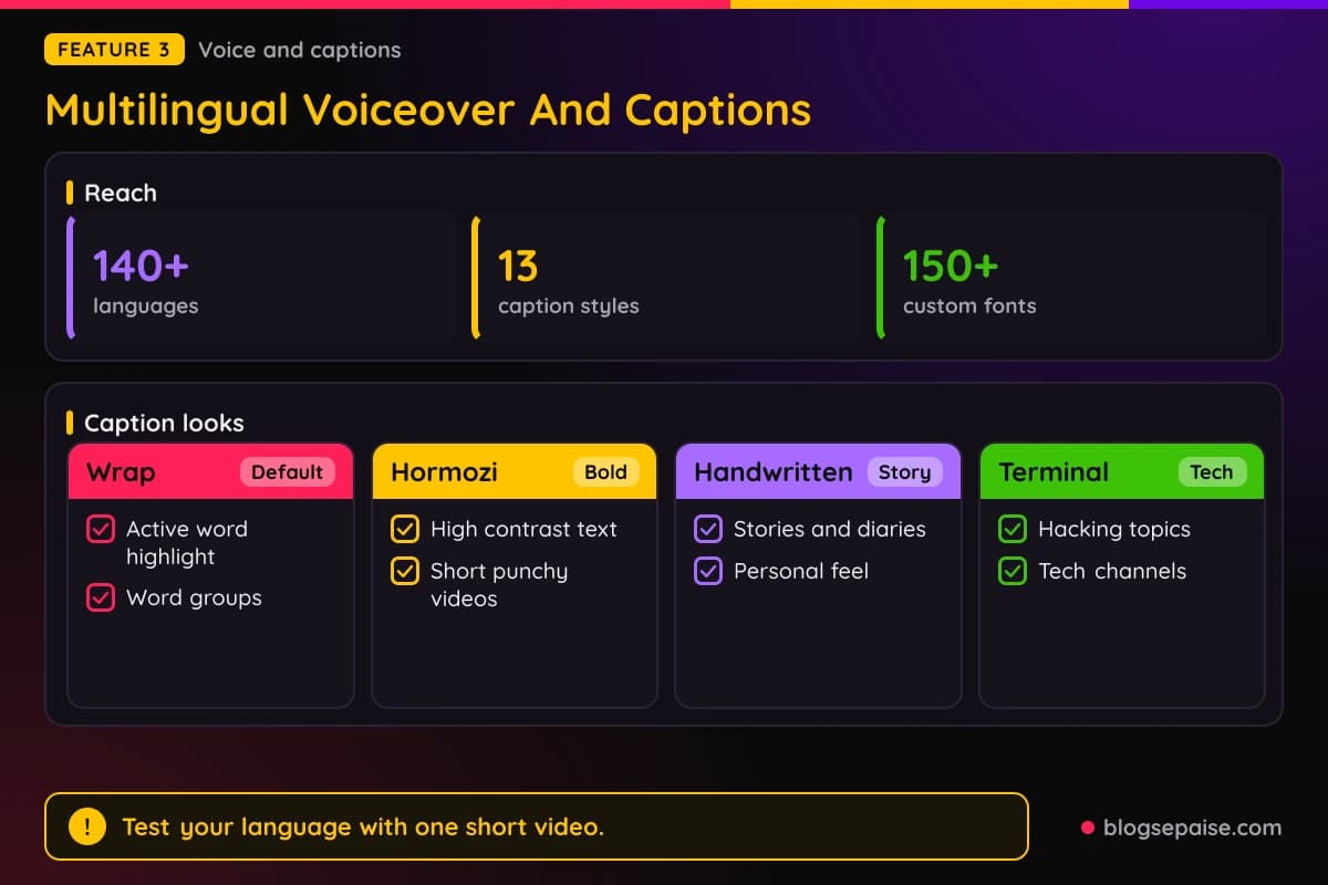 AITuber multilingual voiceover and captions in 140+ languages, with 13 caption styles and 150+ custom fonts