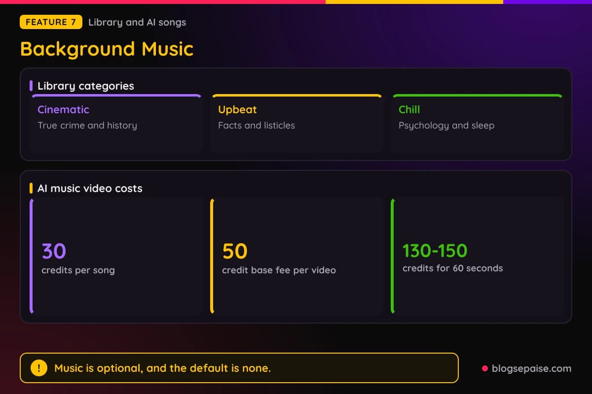 AITuber background music categories and AI music video costs of 30 credits per song and a 50-credit base fee