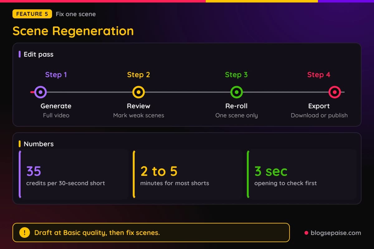 AITuber scene regeneration timeline from generate to review to re-roll one scene to export, with 35 credits for a 30-second short