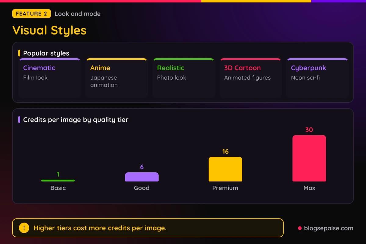 AITuber visual styles and four visual modes, with image quality tiers costing 1, 6, 16, and 30 credits per image