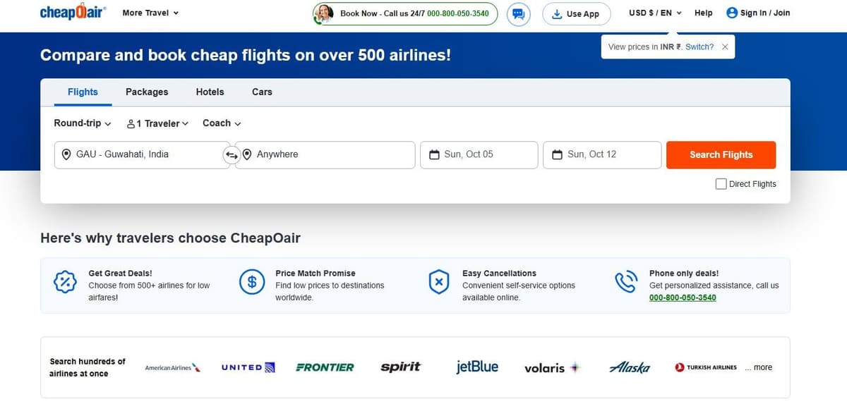 CheapOair - Flight comparison platform with 500+ airlines, highly rated with 125,000+ reviews