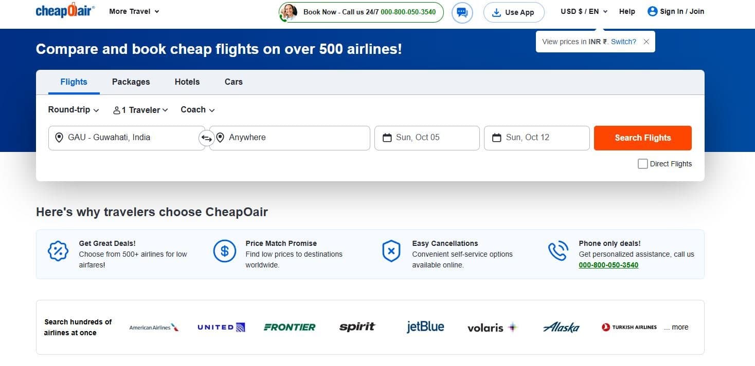 CheapOair - Flight comparison platform with 500+ airlines, highly rated with 125,000+ reviews