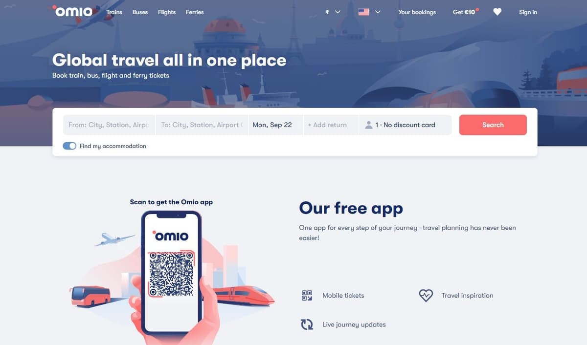 Omio - Multi-modal travel platform allowing booking of plane, train, ferry, and bus journeys
