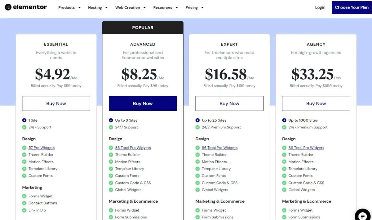 Elementor pricing