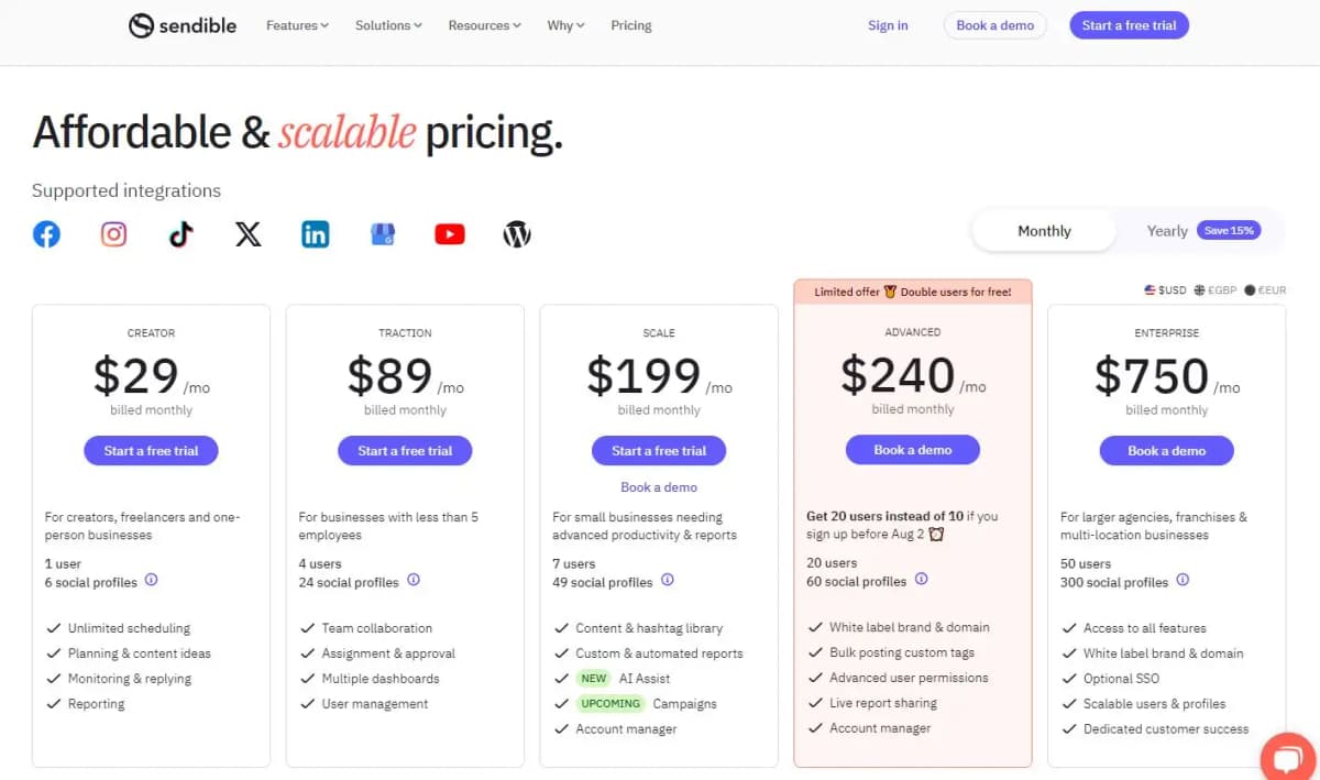 Sendible pricing