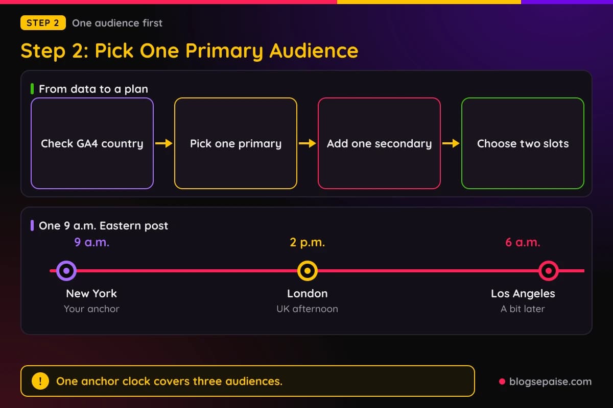 Flow diagram that moves from checking GA4 country data, to picking one primary audience, to adding a secondary audience, to choosing slots