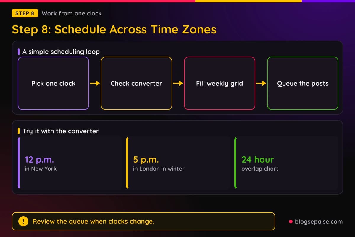 Flow diagram from one primary clock to a converter check, to a weekly template, to a scheduler queue